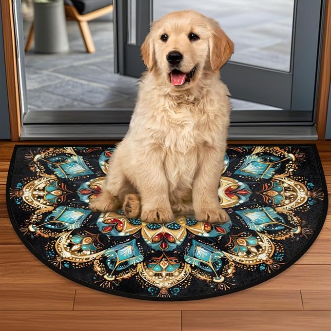 Mandala Boho Half Round Rug Half Moon Door Mat Half Circle Rugs | Ethnic Washable Non-Slip Semi Circle Rug Welcome Half Round Door Mat Indoor Entrance Kitchen Bedroom Living Room Decor