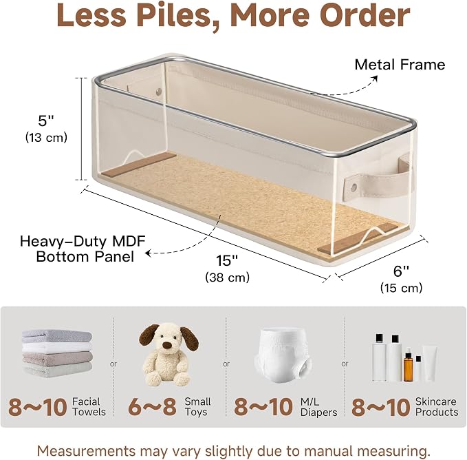 StorageWorks Narrow Storage Bins, Small Basket for Closet and Shelves, Fabric Organizer with Handles, Toilet Paper Storage, Beige, Cool Cotton, 2-Pack