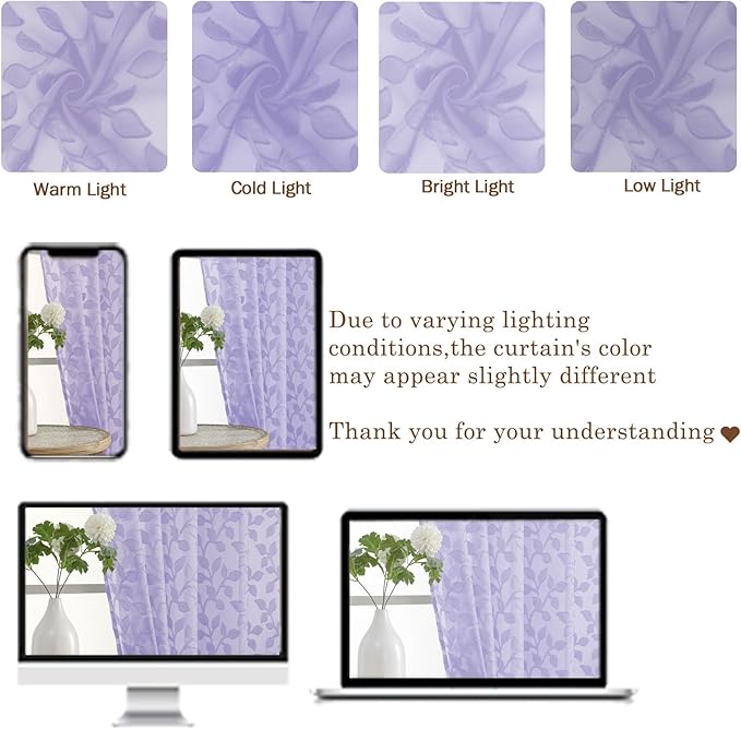 Chyhomenyc Light Purple Sheer Curtains 30 Inch Length, Light Filtering Leaf - Image 3