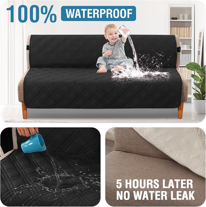 H.VERSAILTEX 100% Waterproof Futon Slipcovers Reversible Couch Cover Armless Futon Covers Slipcover Furniture Protector with Adjustable Elastic Strap Non-Slip Pets Covers, Black/Beige