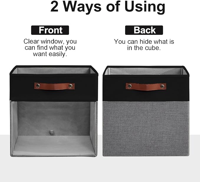 Bagnizer Storage Cubes, 4 Pack Linen Foldable Storage Bins with Clear Window and 2 Handles, 13x15x13 Storage Cube Bins for Shelf Closet, Kallax, Clothes, Books - (Gray / Black)