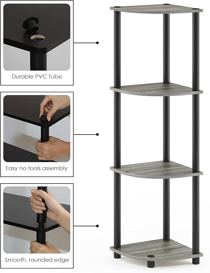 Furinno TURN-N-TUBE Corner Shelf, 4-Tier Corner Bookshelf, Display Storage Shelves with Open Shelves, for Organization and Storage, Living Room, Home Office, Garage, French Oak