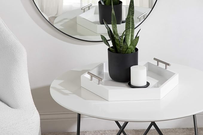 Kate and Laurel Lipton Modern Hexagon Tray, 18 x 18, White and Silver, Decorative Tray for Storage and Display