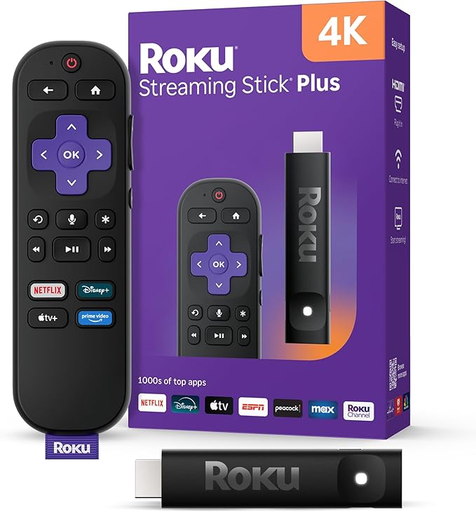 Roku Streaming Stick Plus with Voice Remote - 4K & HDR10+ | 4K & HDR Streaming Device for TV with Roku Voice Remote - Free & Live Local News, Sports