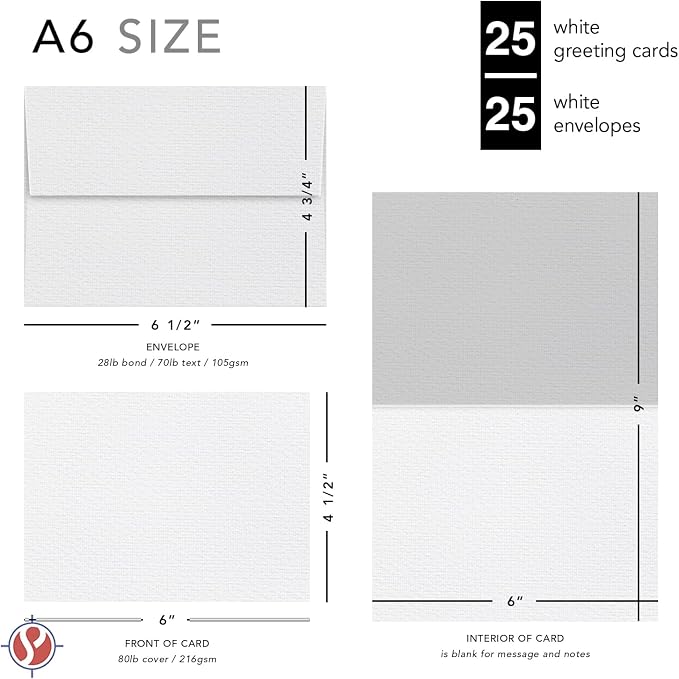 Linen Textured Greeting Cards Set – 4.5" x 6" Blank White Cardstock & Envelopes – Customized Personalized Cards for Business, Holidays, Birthdays, Wedding Invitations, All Occasion – 25 per Pack