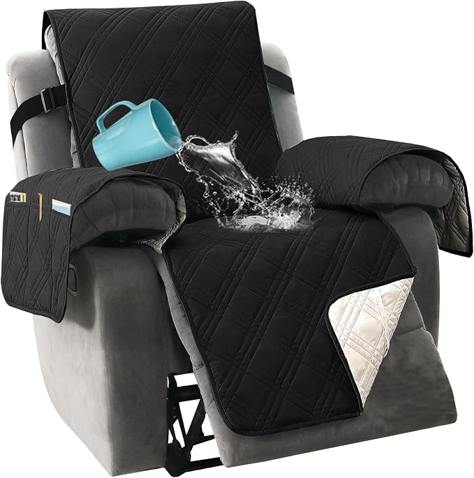 H.VERSAILTEX 100% Waterproof Slip Covers for Recliners with Arms 1-Piece Reversible Recliner Covers for Large Recliner with Elastic Straps Sitting Width Up to 28" (Oversized Recliner, Black/Beige)