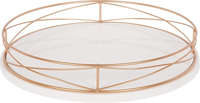 Kate and Laurel Mendel 14 Inch Round Tray with Decorative Metal Rim, White and Rose Gold