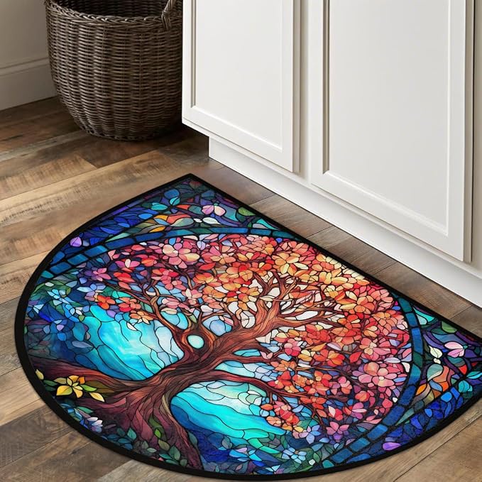 Tree Blue Orange Half Round Door Mat Non-Slip Semi Circle Rug Washable Half Moon Floor Rug Absorbent Bathroom Area Rugs for Outdoor Indoor Fireplace Mat Entryway Kitchen Decor Rugs