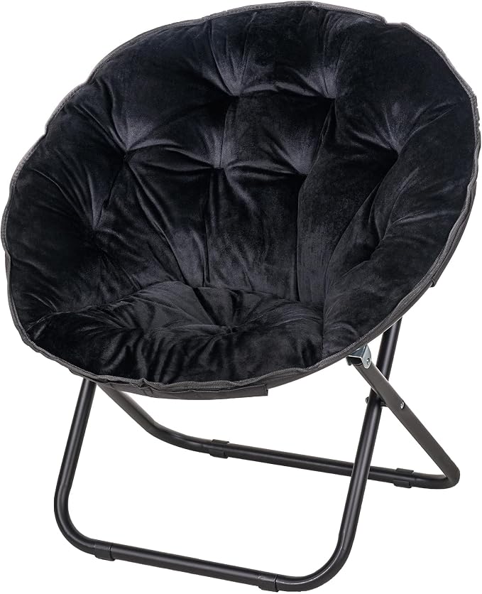 VECELO Saucer Chair for Adults, Folding Moon Chair with Metal Frame, Faux Fur for Bedroom, Living Room, Dorm Room, Apartment, Black