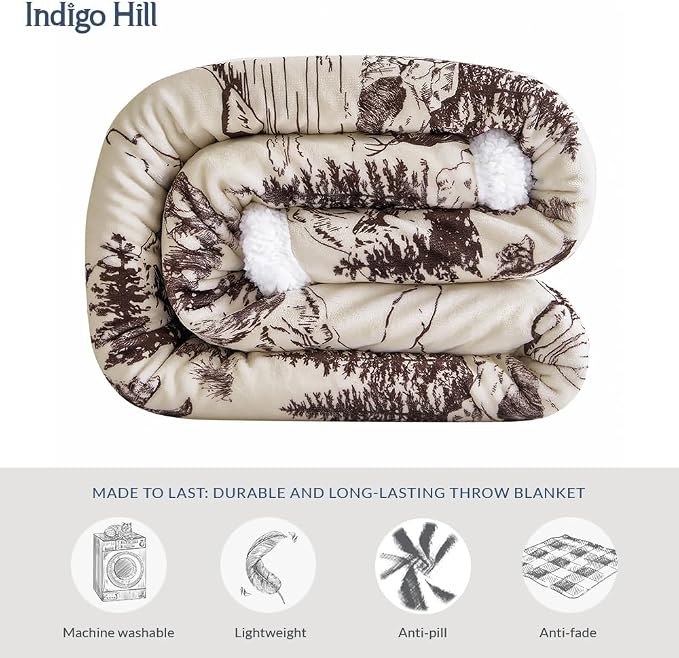 Paseo Road Indigo Hill by HiEnd Accents White Pine 54x68 Throw Blanket | Pine Tree Nature Mountain Print with Bear, Deer, and Elk, Western Cabin Lodge Rustic-Style Fleece Blanket for Camping