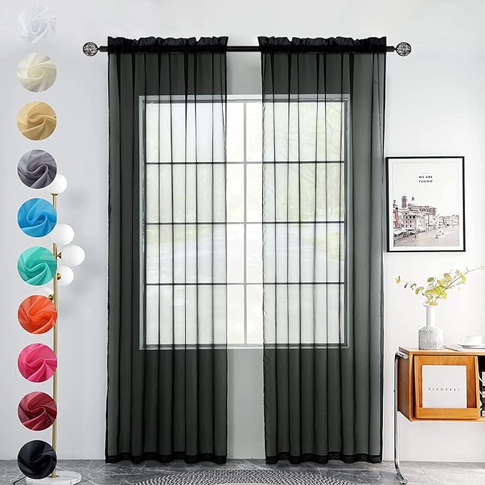 youleyar Solid Sheer Rod Pocket Curtain Voile Draperies 2 Panels White Beige - Image 3