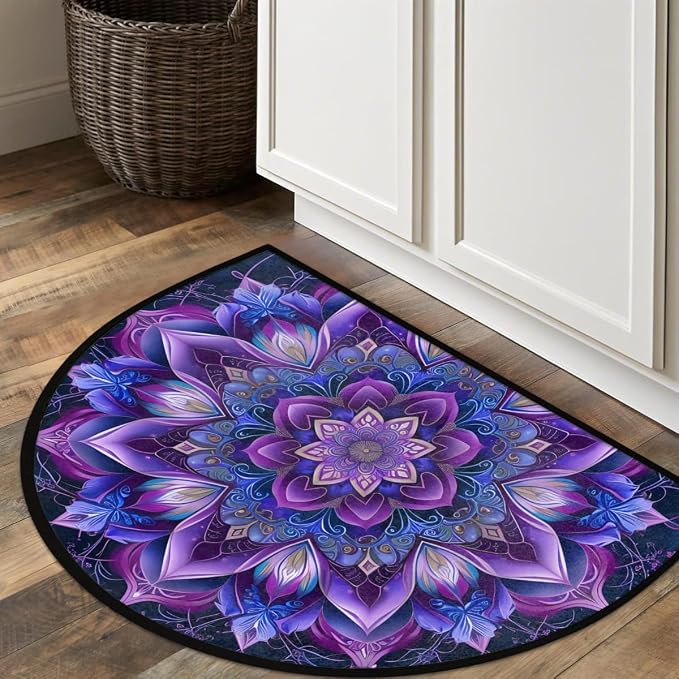 Purple Half Round Doormat Semi Circle Rug Half Moon Rug Entryway Mat | Mandala Flower Washable Non Slip Outdoor Floor Rug Kitchen Mat for Indoor Outdoor Bathroom Fireplace Bath Decor