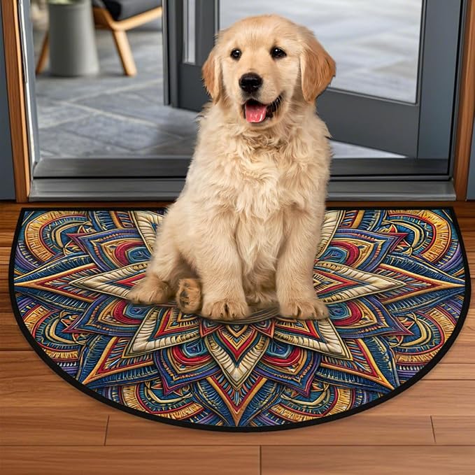 Mandala Half Round Door Mat Non Slip Half Circle Rugs | Colorful Eye Washable Half Moon Rug Semi Circle Rugs Indoor Entrance Floor Carpet for Kithen Bedroom Fireplace Decor