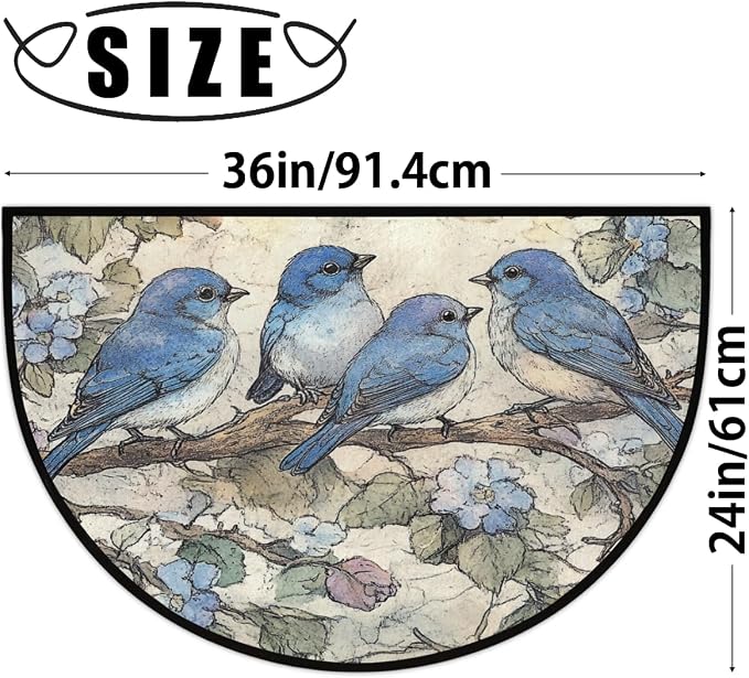 Pardick Vintage Blue Bird Branch Half Round Door Mat, Cute Animal Non-Slip Half Circle Area Rug Doormat Absorbent Half Moon Rug for Indoor Outdoor Kitchen Bedroom Home Decor