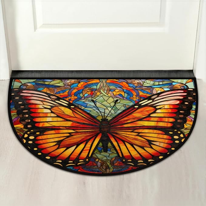 cfpolar Half Round Door Mat Semi Circle Non-Slip Bathroom Floor Rug, Beautiful Butterfly Outdoor Welcome Entrance Way Mat Indoor Absorbent Kitchen Mat for Bedroom,Patio,Garage,Home 36" x 24"