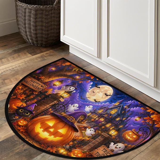 Halloween Half Round Door Mat Welcome Entrance Mat Bath Bathroom Rug A1 | Halloween Ghost Pumpkin Welcome Entrance Mat Anti-Slip Half Moon Bath Mat Semi Circle Rug Indoor Outdoor Kitchen Rug