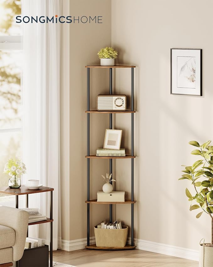 SONGMICS HOME Superfast Toolless Assembly, Corner Shelf Stand, 5-Tier Corner Standing Shelf, Living Room, Bedroom, Kitchen, 15 x 10.6 x 54.7 Inches, Rustic Brown ULBC610K01