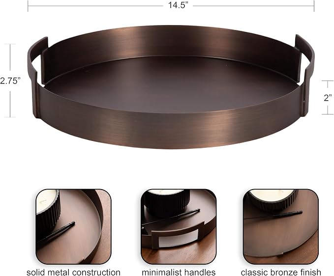 Kate and Laurel Myo Transitional Metal Round Tray; 15 Inch Diameter; Bronze; Modern Glam Circular Decorative Serving Tray with Handles for Use as Living Room Ottoman Table or Entryway Tray Decor