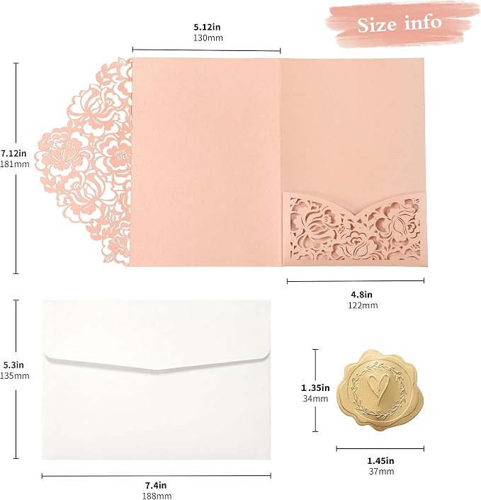 DORIS HOME Laser Cut Quinceanera Invitation Pockets, Pink, 5"x7" | 50pcs, With Envelopes, For Birthday Miss 15, Sweet 16, No Inserts Included