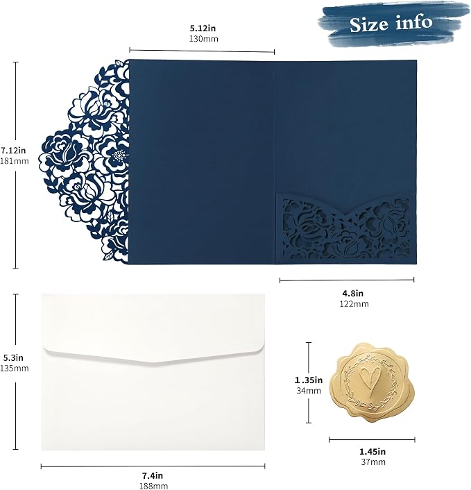 DORIS HOME Laser Cut Wedding Invitation Pockets, Blue, 5"x7" | 50pcs, With Envelopes, For Wedding & Anniversary, No Inserts Included