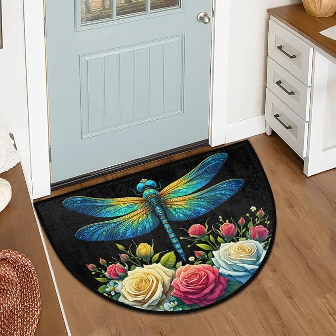Floral Flower Dragonfly Half Round Door Mat Non-Slip Semi Circle Rug Washable Half Moon Floor Rug Absorbent Bathroom Area Rugs for Outdoor Indoor Fireplace Mat Entryway Kitchen Decor Rugs