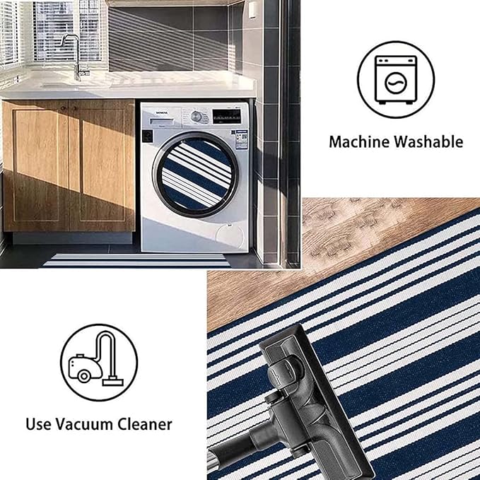 BUAGETUP Blue and White Layered Doormat,27.5x43.3inch Striped Outdoor Rug Hand Woven Cotton Indoor Outdoor Rug for Porch Layered