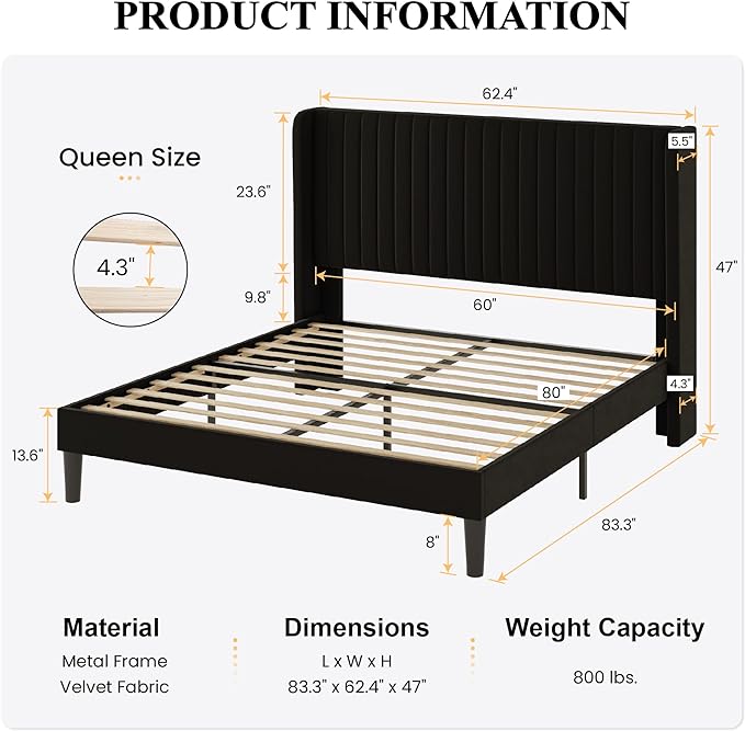 SHA CERLIN Queen Size Velvet Bed Frame, Tufted Wingback Headboard, Black | 47'' Modern Vertical Channel Headboard, Upholstered Platform Bed, Wood Slats, No Box Spring Needed, Easy Assembly, Noise Free