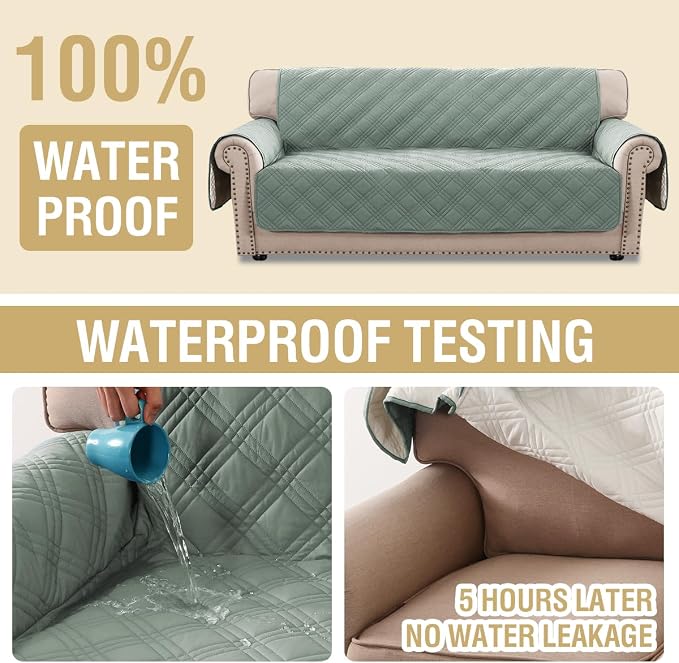 H.VERSAILTEX 100% Waterproof Slipcovers for Couches and Sofas Modern Pet Couch Cover Thick Soft Furniture Protector with Elastic Straps(Sofa, Lily Pad/Beige)