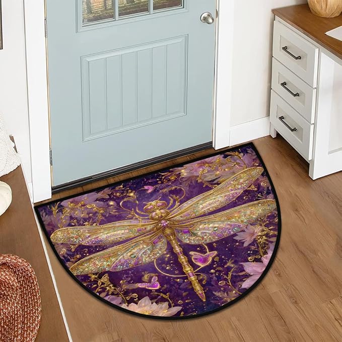 Dragonfly Half Round Door Mat Outdoor Doormat Bedroom Entrance Rug A19 | Bohemian Dragonfly Flower Semi Moon Door Mat Non-Slip Absorbent Kitchen Rug Indoor Welcome Bath Mat 36" X 24"