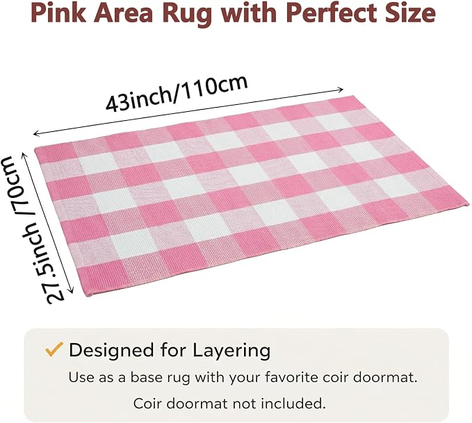 27.5"x43" Outdoor Rug, Pink and White Front Door Mat, Cotton Woven Entryway Rug, Washable Layering Rug for Front Porch Outdoor Decor
