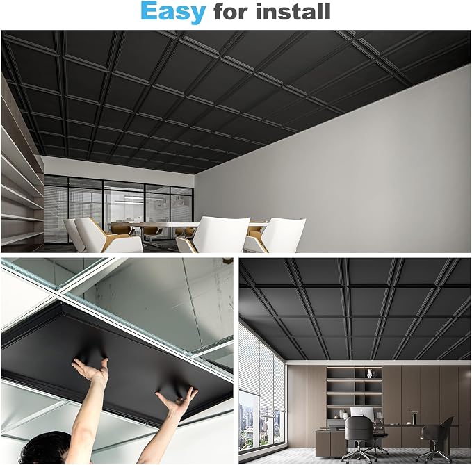 Art3d Drop Ceiling Tiles 48x24, Decorative PVC Ceiling Panels, Waterproof Rustproof and Durable 12-Pack, Glue Down, Rectangular Black