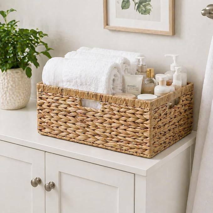 Water Hyacinth Wicker Storage Basket with Handles, Large | 15 x 11 x 6.75 Inch Basket, Shelf Organizer, Rectangular Woven Bin, Towel and Blanket Storage, Natural Decor