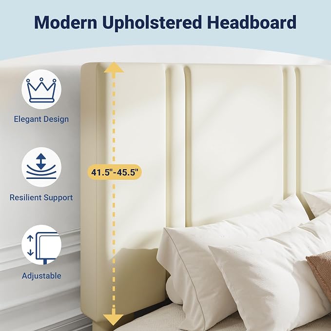 Allewie Queen Platform Bed Frame with Adjustable Headboard | Plush Velvet Upholstered, Vertical Channel Tufted, Sturdy Wood Slats, No Box Spring Needed, Easy Assembly, Cream