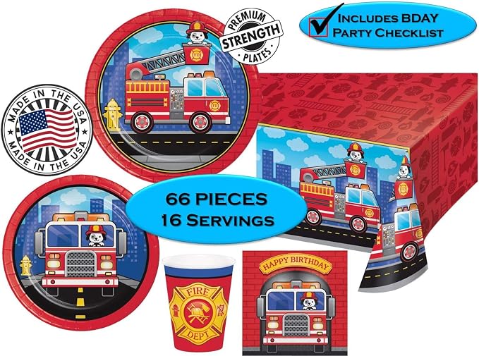 Flaming Firetruck Birthday Party Pack (Basic Bundle, 65 Pieces)