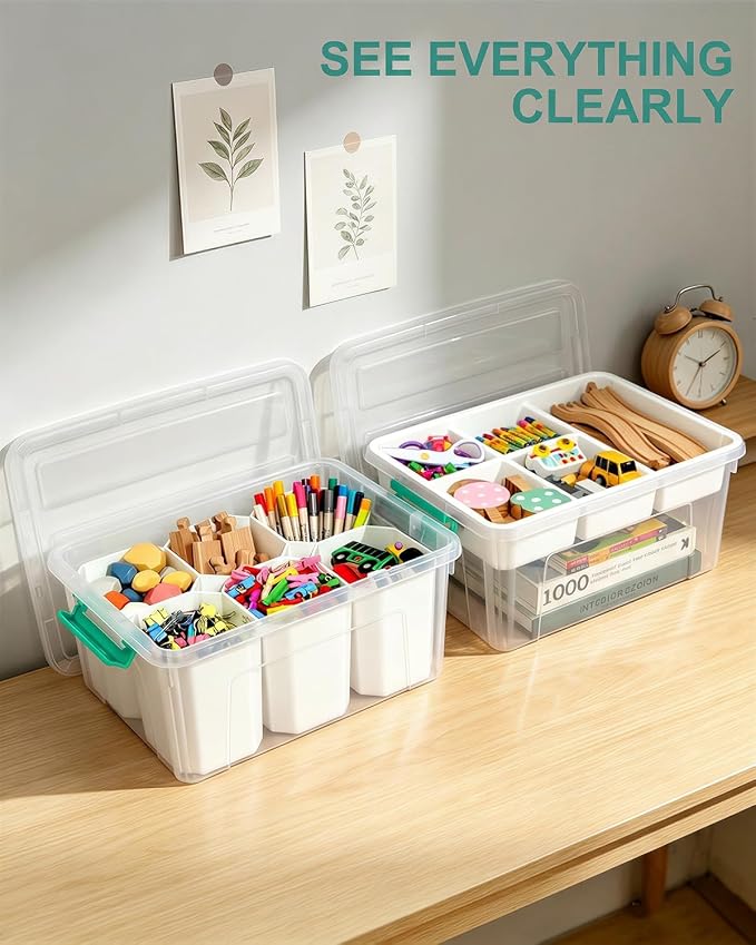 NUMIFUN 17QT Clear Storage Bins with Lids & Dividers for Crafts | Stackable 17-quart transparent box featuring 6 tall removable inserts. Perfect for organizing crafts, tools, toys & crayons