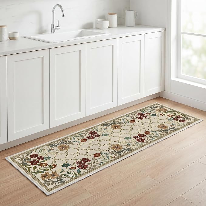 Artoid Mode Rustic Check Flower Spring Runner Rug, Summer Home Decor Low-Profile Non-Slip Washable Carpet Runner for Hallways Kitchen Laundry Bedroom Bathroom 2x6 Feet