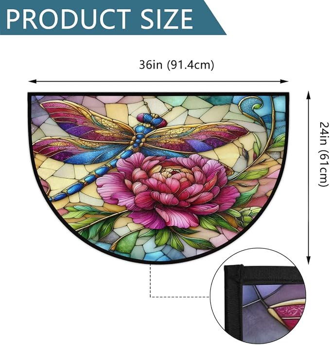 Dragonfly Half Round Door Mat Non Slip Half Circle Rugs | Art Rainbow Washable Half Moon Rug Semi Circle Rugs Indoor Entrance Floor Carpet for Kithen Bedroom Fireplace Decor
