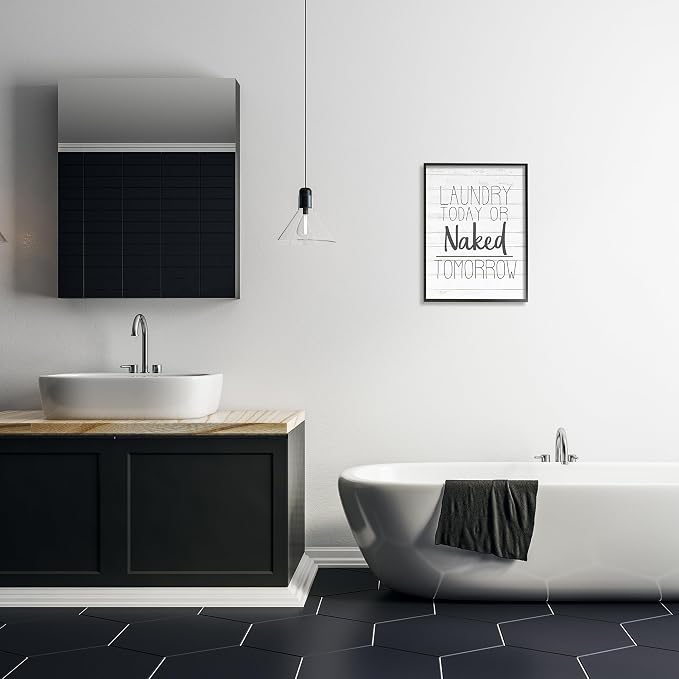 Stupell Industries 'Laundry Today or Naked Tomorrow Black and White Planked Look', Framed Giclee Art, Black, 16 x 20 Inches, Easy to Hang and Sturdy, Made in USA, by Kim Allen