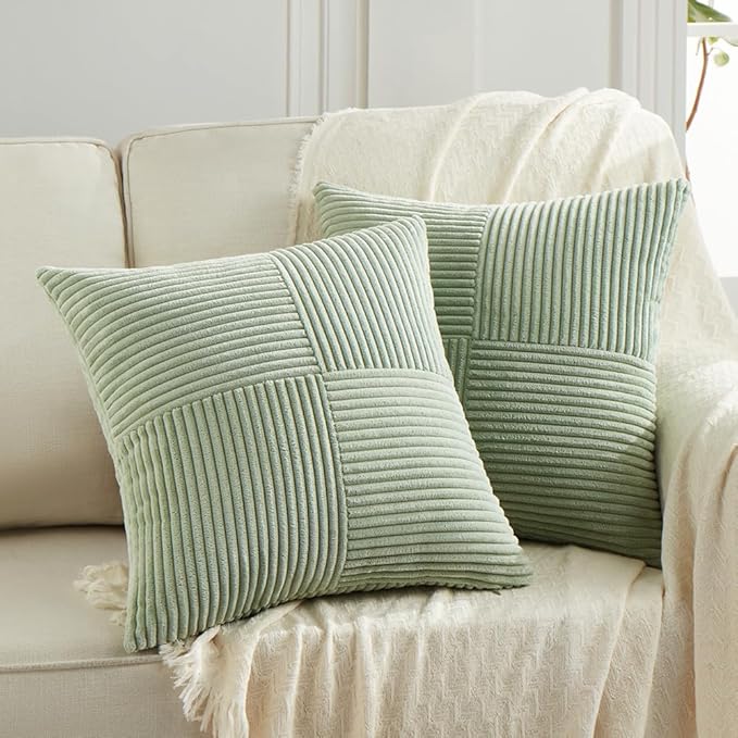 Fancy Homi 2 Packs Sage Green Decorative Throw Pillow Covers 20x20 Inch for Living Room Couch Bed Sofa, Farmhouse Boho Home Decor, Soft Corss Corduroy Patchwork Accent Square Cushion Case 50x50 cm