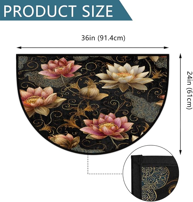 Ethnic Lotus Half Round Rug Half Moon Door Mat Half Circle Rugs | Flowers Art Washable Non-Slip Semi Circle Rug Welcome Half Round Door Mat Indoor Entrance Kitchen Bedroom Living Room Decor