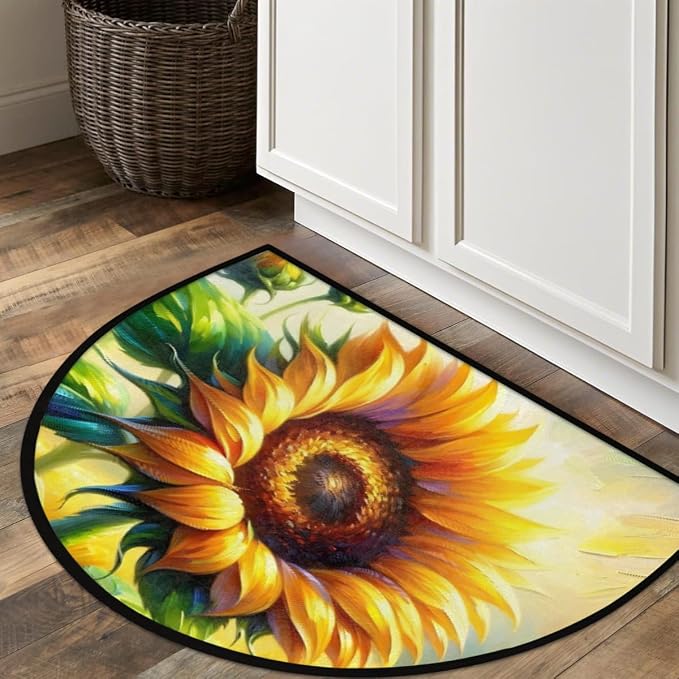 Sunflowers Half Round Doormat Non-Slip Semi Circle Rug Half Moon Mat | Painting Flower Washable Soft Absorbent Indoor Outdoor Entrance Kitchen Bathroom Sink Patio Welcome Fireplace Floor Rug