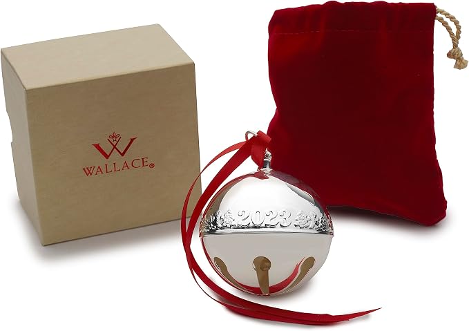 Wallace Silver-Plated Sleigh Bell Ornament 2023-53rd Edition Annual Collectible with Gingerbread Man and Christmas Tree Design, Handcrafted in USA, Includes Gift Box and Velvet Pouch