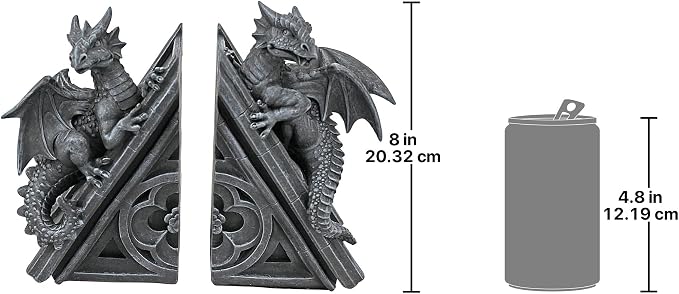 Design Toscano Castle Dragon Gothic Decor Decorative Bookend Statues, 8 Inch, Set of Two, Polyresin, Grey Stone