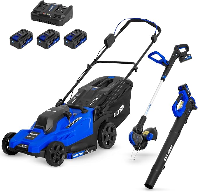 BILT HARD 40V Electric Cordless 17" Lawn Mower, 12" Trimmer & Leaf Blower Combo – 3x5.0Ah Batteries (2x20V), Dual Charger, 6-Position Cutting Height, 50L Bag