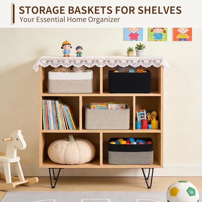 Goodpick 4 Pack Woven Rope Storage Baskets for Shelves, Brown | 13" x 8" x 6", Rectangle Design, Reinforced Handles, Shelf & Closet Organization, Baby Toys, Books, Gifts & Nursery Storage
