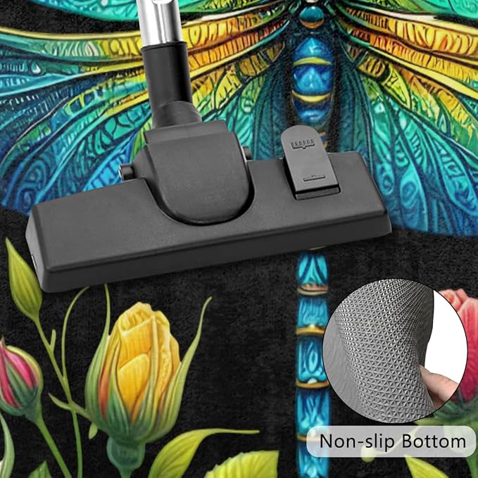 Floral Flower Dragonfly Half Round Door Mat Non-Slip Semi Circle Rug Washable Half Moon Floor Rug Absorbent Bathroom Area Rugs for Outdoor Indoor Fireplace Mat Entryway Kitchen Decor Rugs