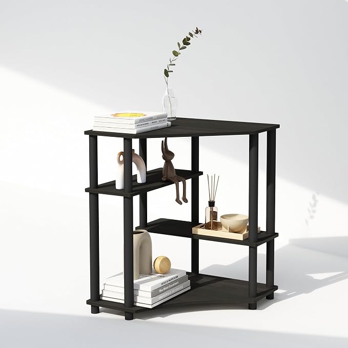 Furinno Turn-N-Tube Storage Shelves, 4-Tier Corner Shelf, Toolless Assembly Display Rack, Corner Bookshelf for Small Space, for Organization and Storage, Living Room, Home Office, Espresso