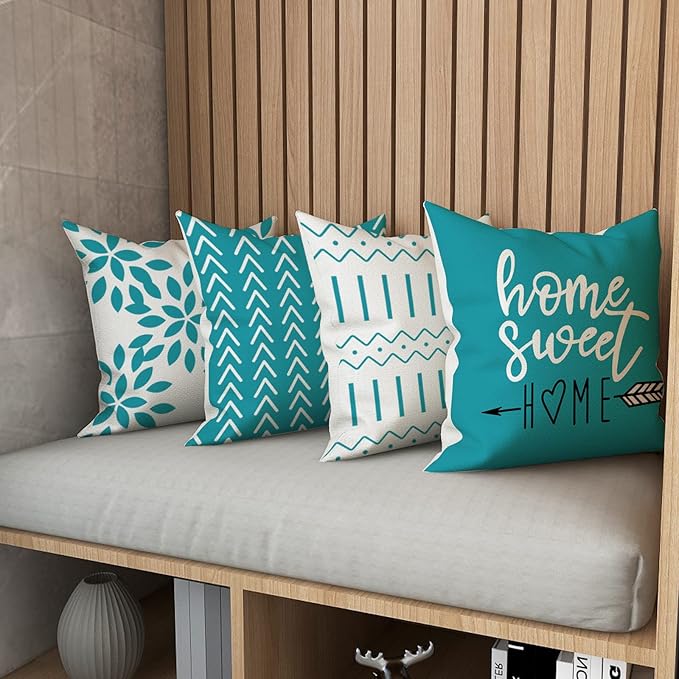 YCOLL Pillow Covers 16x16 Set of 4, Modern Sofa Throw Pillow Cover, Decorative Outdoor Linen Fabric Pillow Case for Couch Bed Car, Aqua Blue