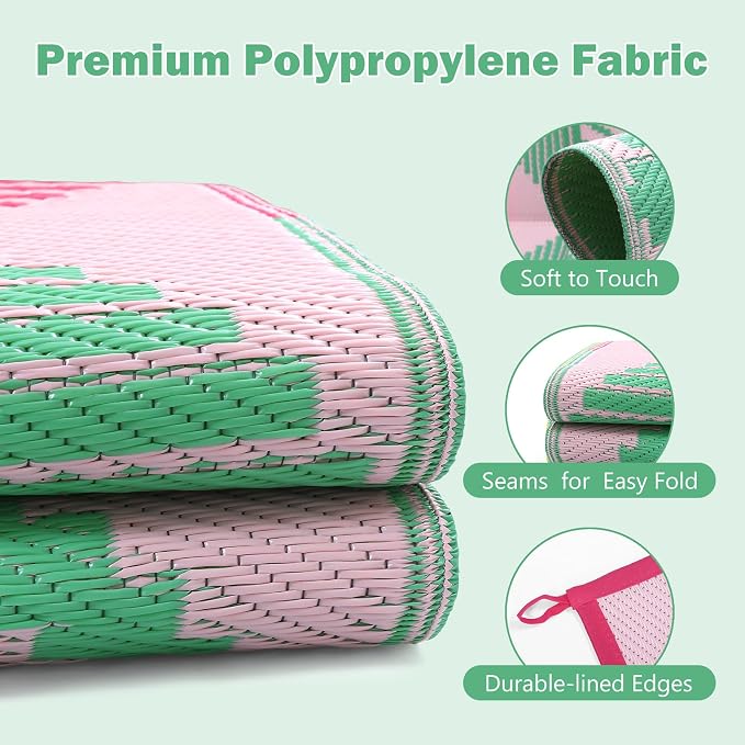 Lahome Waterproof Outdoor Patio Rug 9x12, Reversible Large Outdoor Rug for Patios, Camping Rugs for RV Backyard Deck Picnic Beach Trailer (Pink/Green, 9' x 12')
