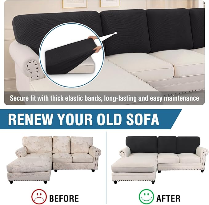 H.VERSAILTEX Backrest Cushion Covers Sectional Couch Back Cushion Covers for Sectional Sofa Set for Both Left/Right Couch (Back Only: 1 Chaise + 2 Sofa, Black)
